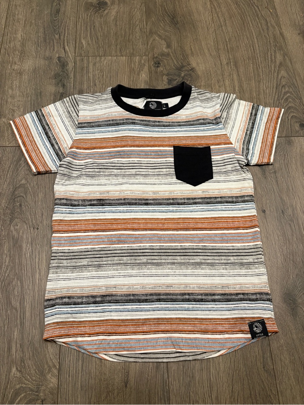 Striped Short-Sleeve Tee with Black Pocket - Rust, Gray & Blue